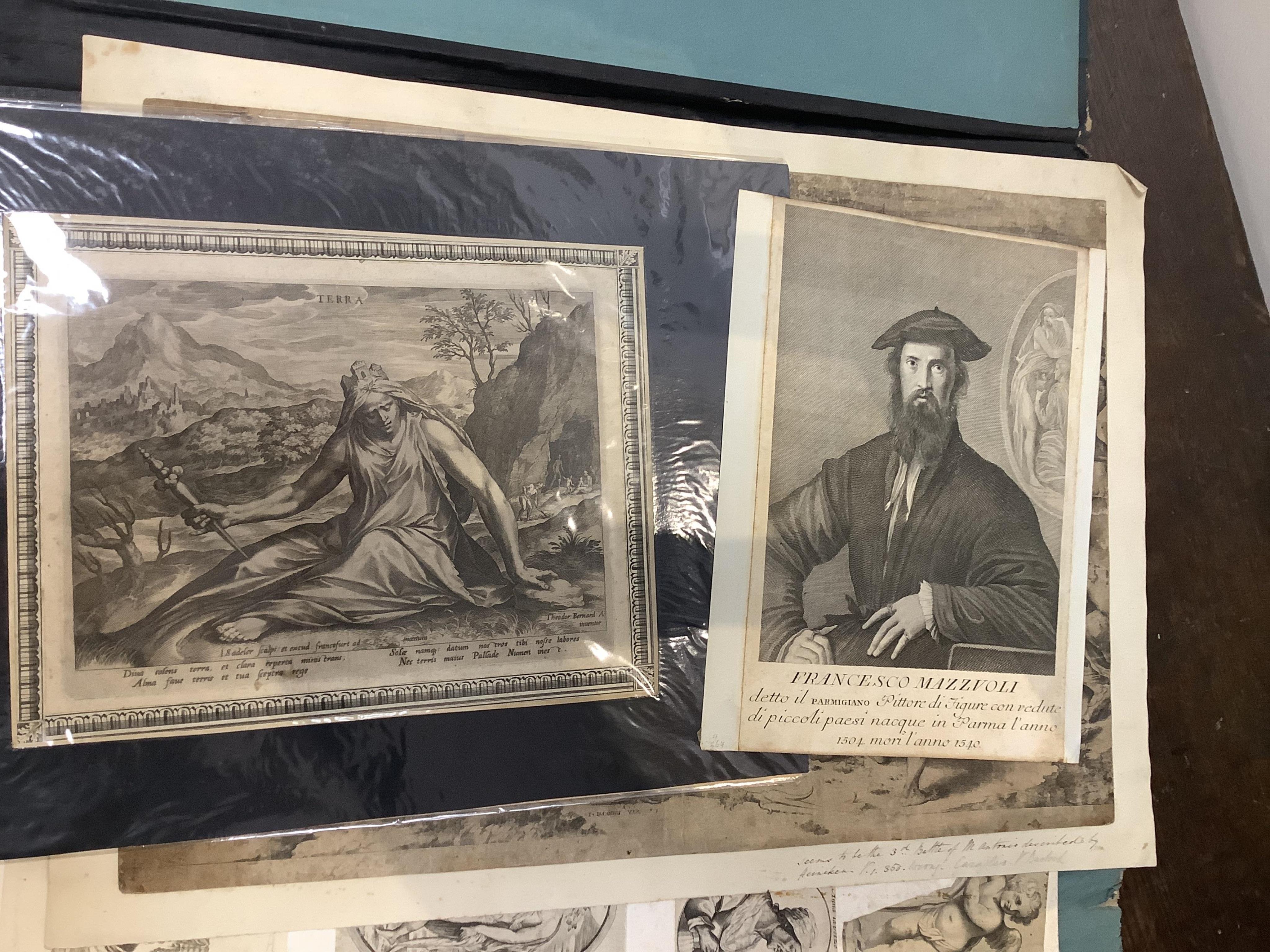 A folio of 16th century and later Old Master prints and engravings to include after Palma Vecchio (Italian, 1479-1528), engraving, 'The rich man in hell tormented by demons, 1595', after Titian (1489/90-1576), 'St Jerome